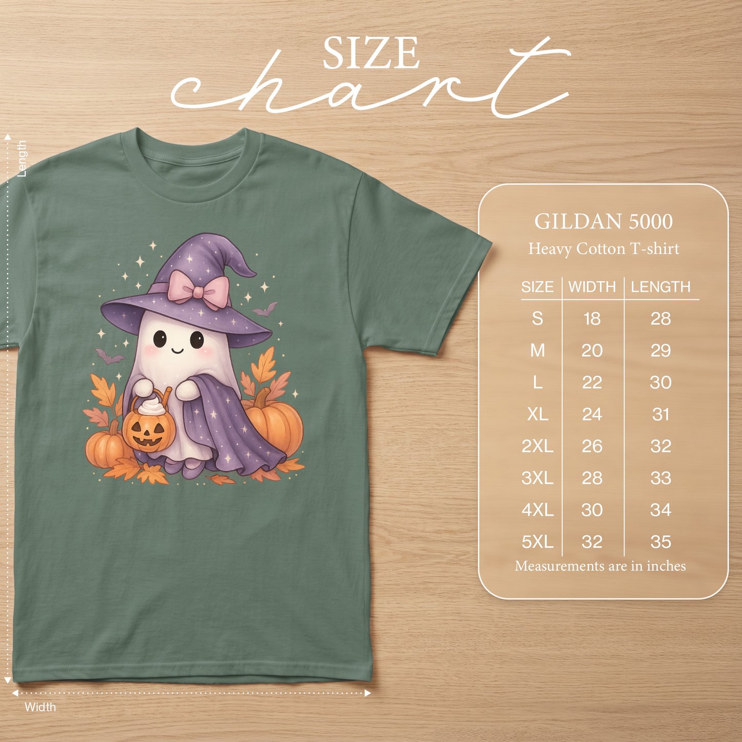 Green Gildan 5000 t-shirt with cute ghost design and size chart.