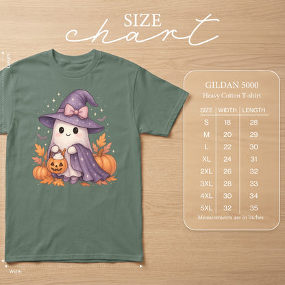 Green Gildan 5000 t-shirt with cute ghost design and size chart.
