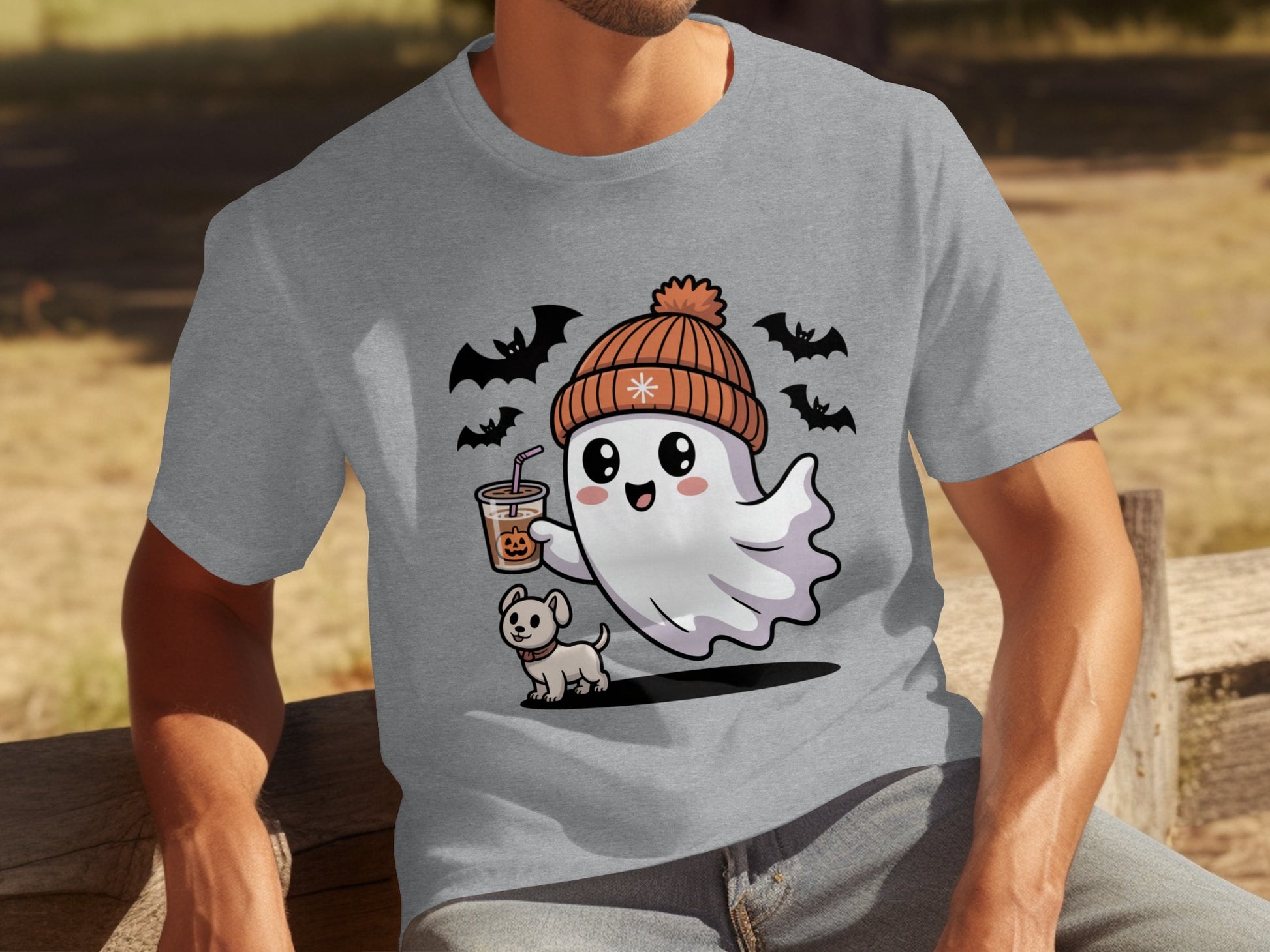 Cute Ghost with Dog and Bats Halloween Graphic T-shirt