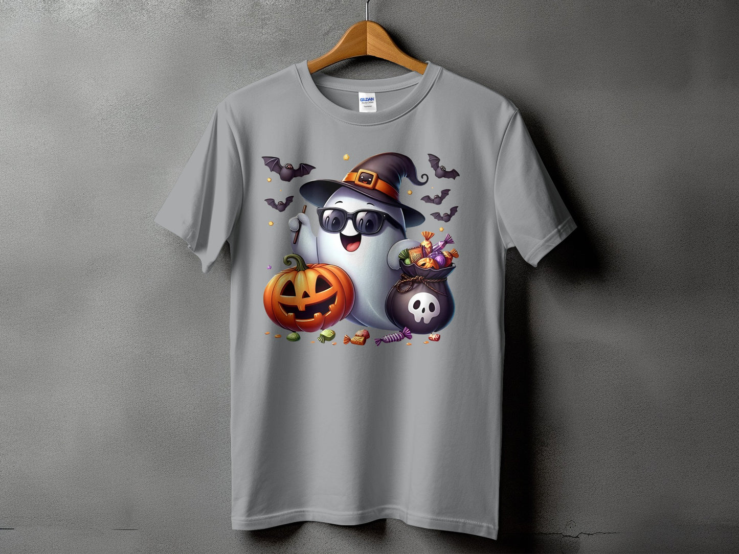 Ghost wearing hat and sunglasses holds candy bag with pumpkin and bats.