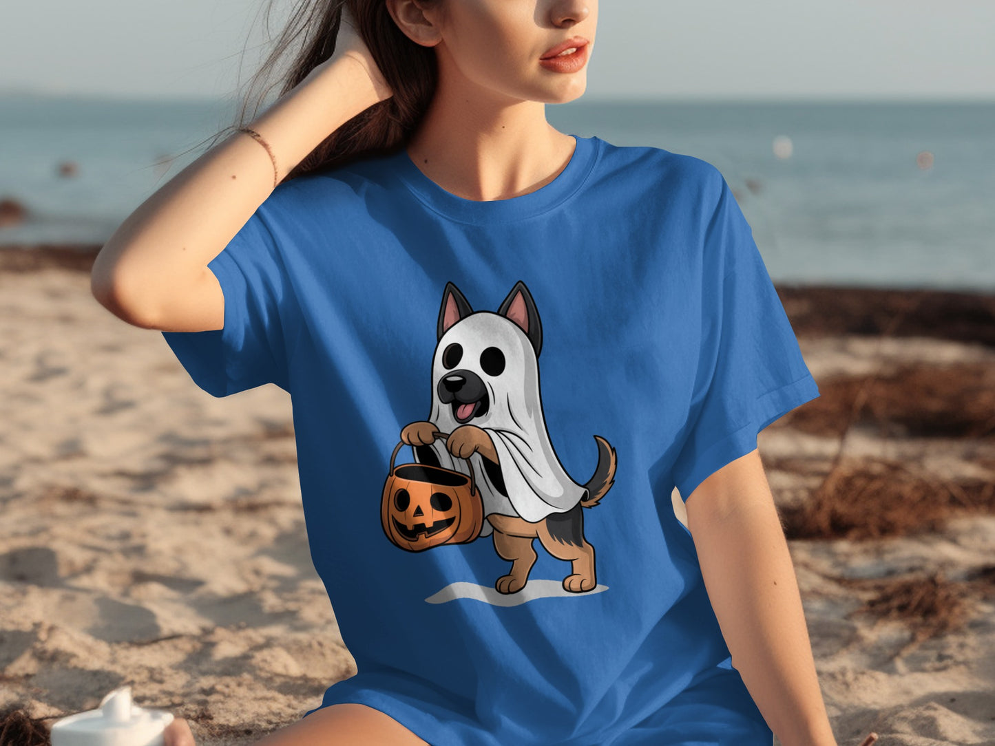 Cute Dog in Ghost Costume with Pumpkin T-Shirt