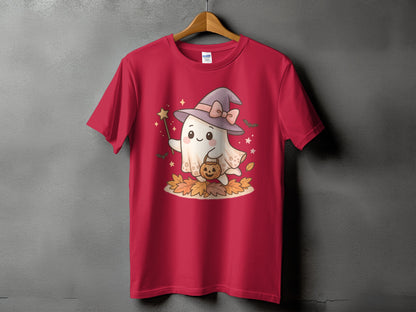 Red t-shirt with a kawaii ghost wearing a witch hat and holding a pumpkin.