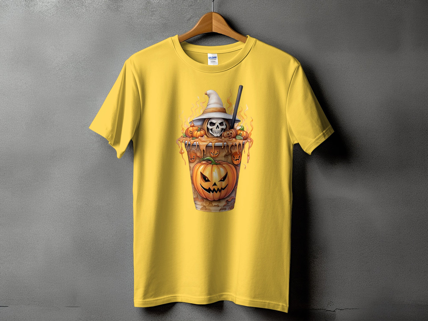 Yellow t-shirt with a Halloween drink graphic featuring a skull, pumpkins, and witch hat.
