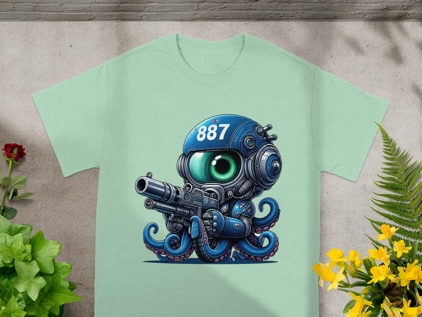 887 Blue Eyed Robot Octopus Holding Gun T-shirt