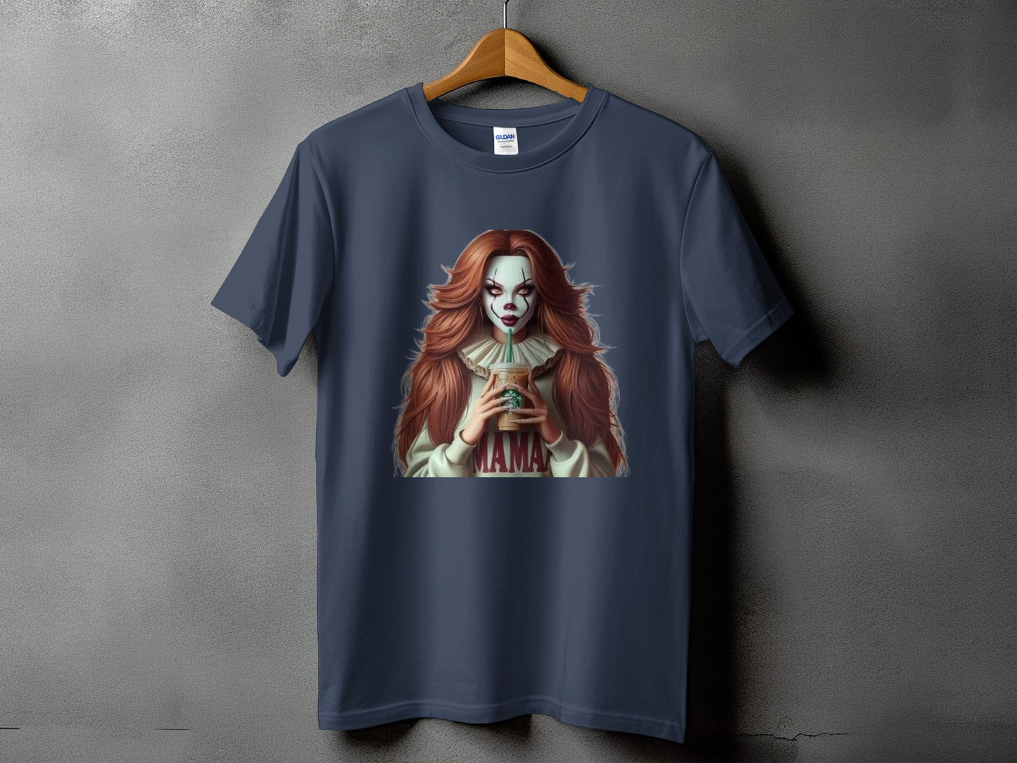 Dark blue t-shirt with graphic of a woman in clown makeup holding a coffee cup.