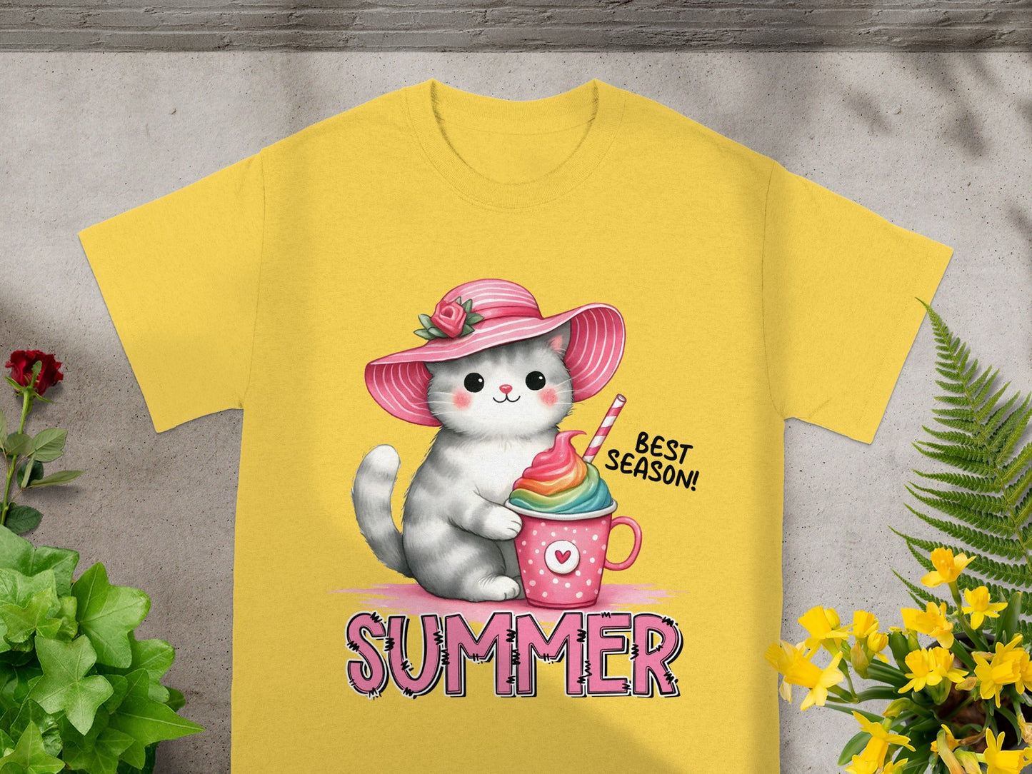Cute Cat with Rainbow Ice Cream Summer T-Shirt