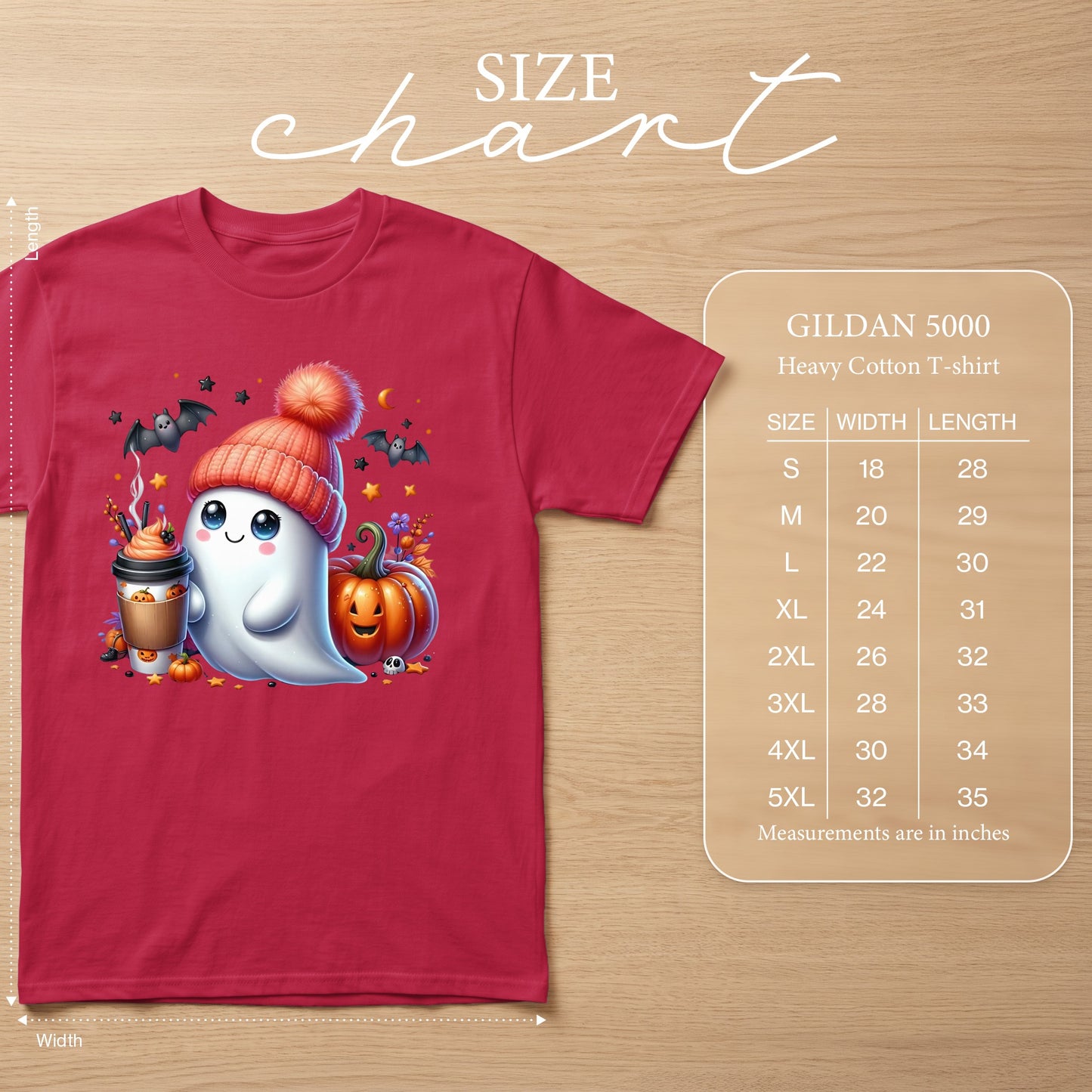 Gildan 5000 Heavy Cotton T-shirt with ghost, pumpkin, and coffee cup graphic.