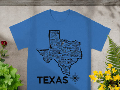 Texas Map Themed Blue Graphic T-Shirt for Stylish Wear