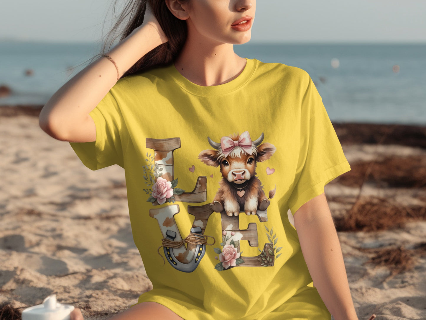 Cute Cow Love Design Yellow Graphic T-Shirt