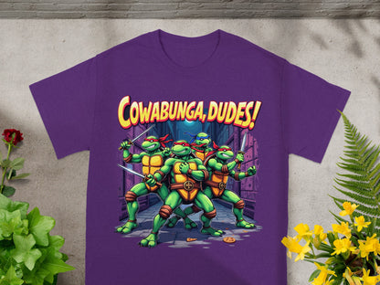 Purple t-shirt with Teenage Mutant Ninja Turtles and "Cowabunga Dudes!" text.
