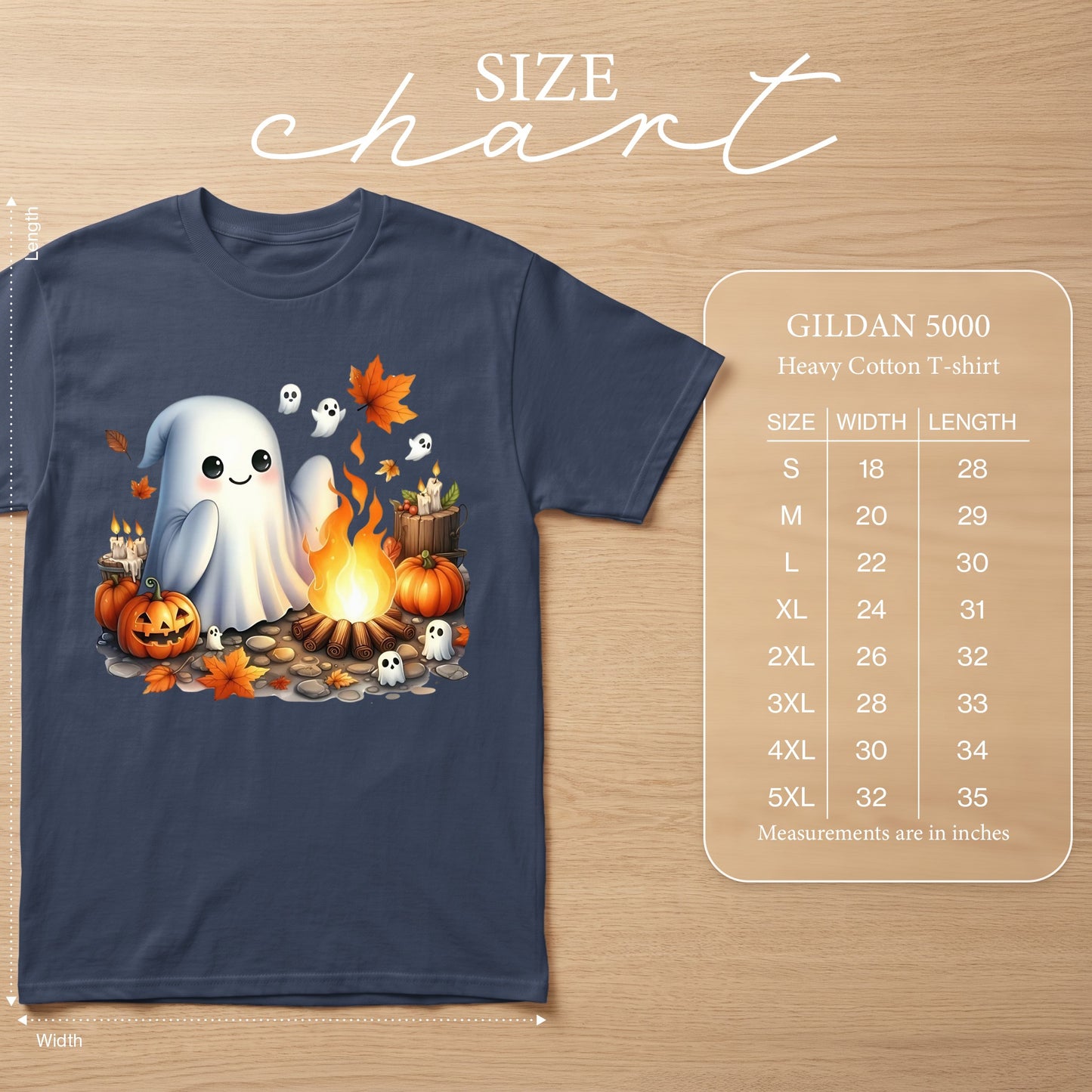 Gildan 5000 Heavy Cotton T-shirt with ghost, pumpkins, campfire, and leaves graphic.