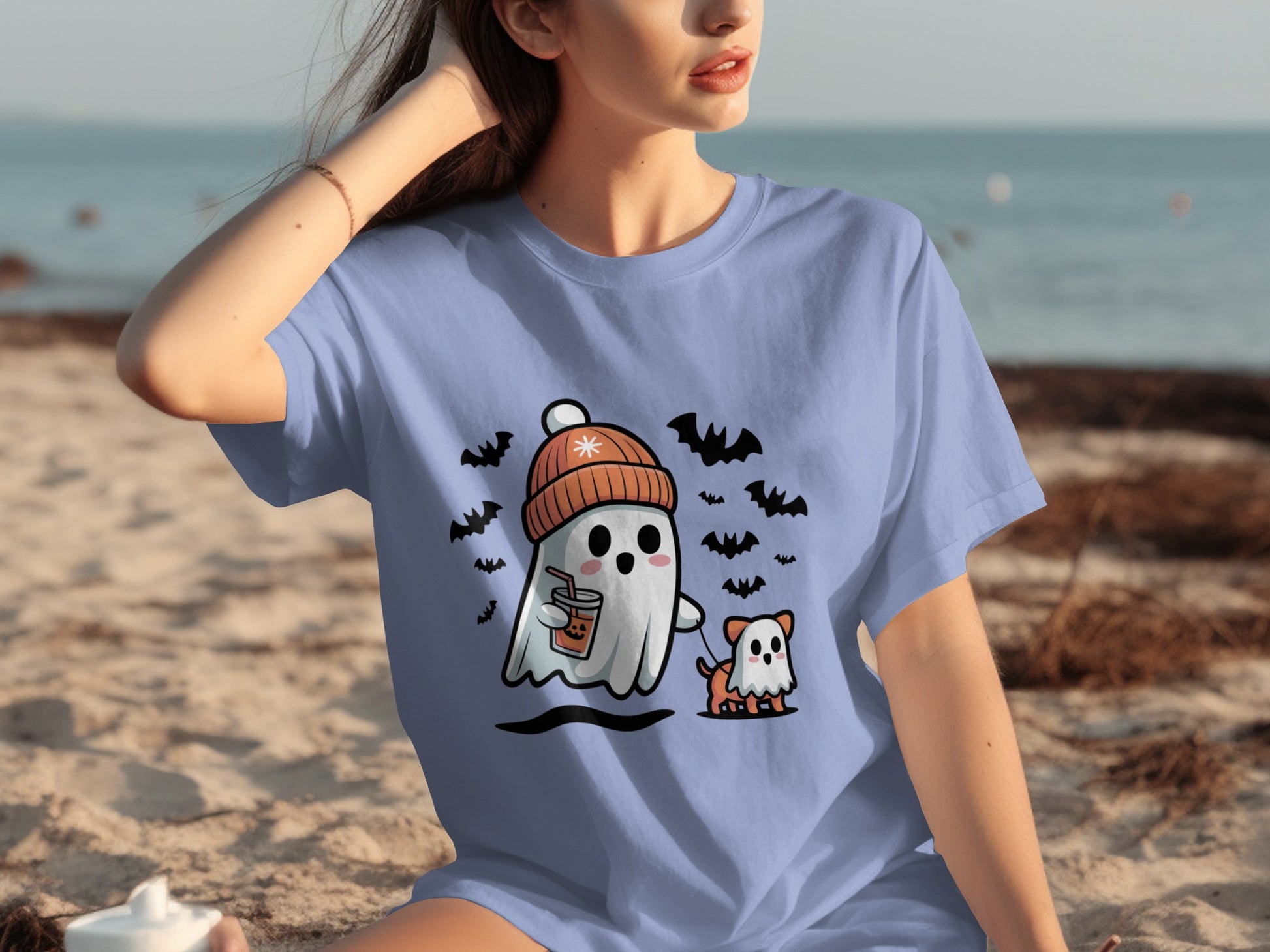 Cute Ghost and Bat Halloween Themed Graphic T-Shirt
