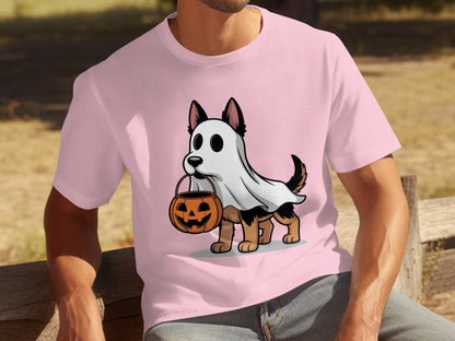 Halloween Ghost Dog with Pumpkin Pink T-shirt