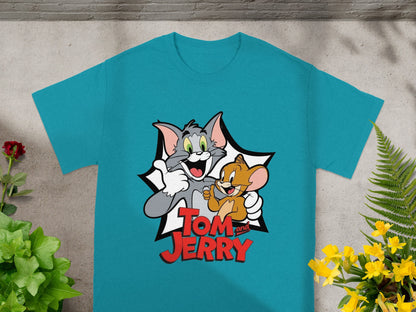 Tom and Jerry cartoon characters on a teal t-shirt.