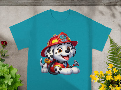 Marshall from Paw Patrol in firefighter gear on a blue t-shirt.