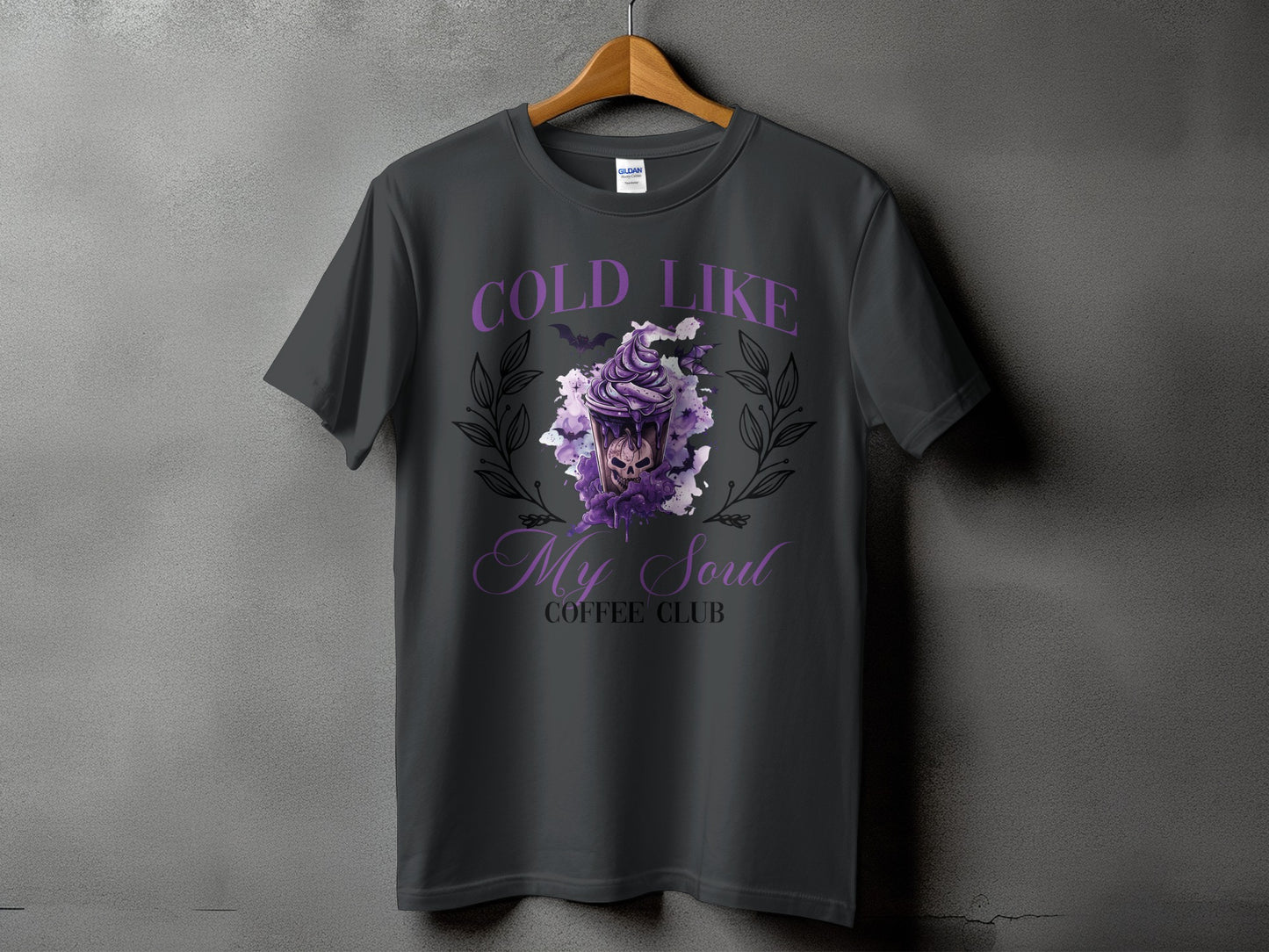 T-shirt with "Cold Like My Soul Coffee Club" and gothic coffee cup design.
