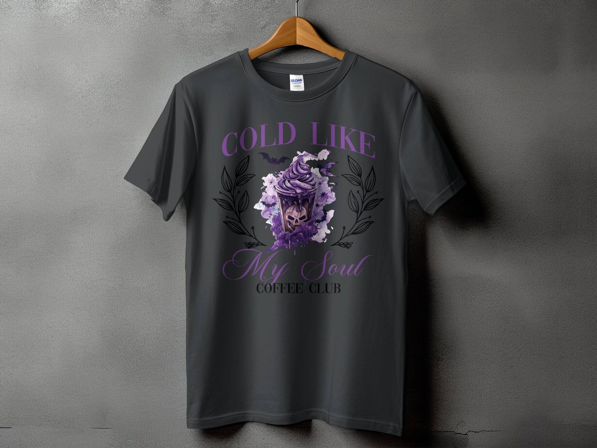 T-shirt with "Cold Like My Soul Coffee Club" and gothic coffee cup design.