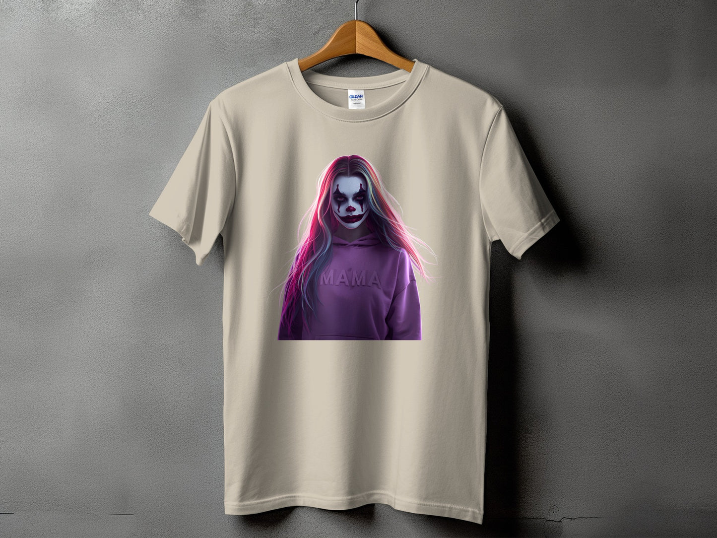 Light tan t-shirt with a creepy clown graphic and "MAMA" text on a purple hoodie.