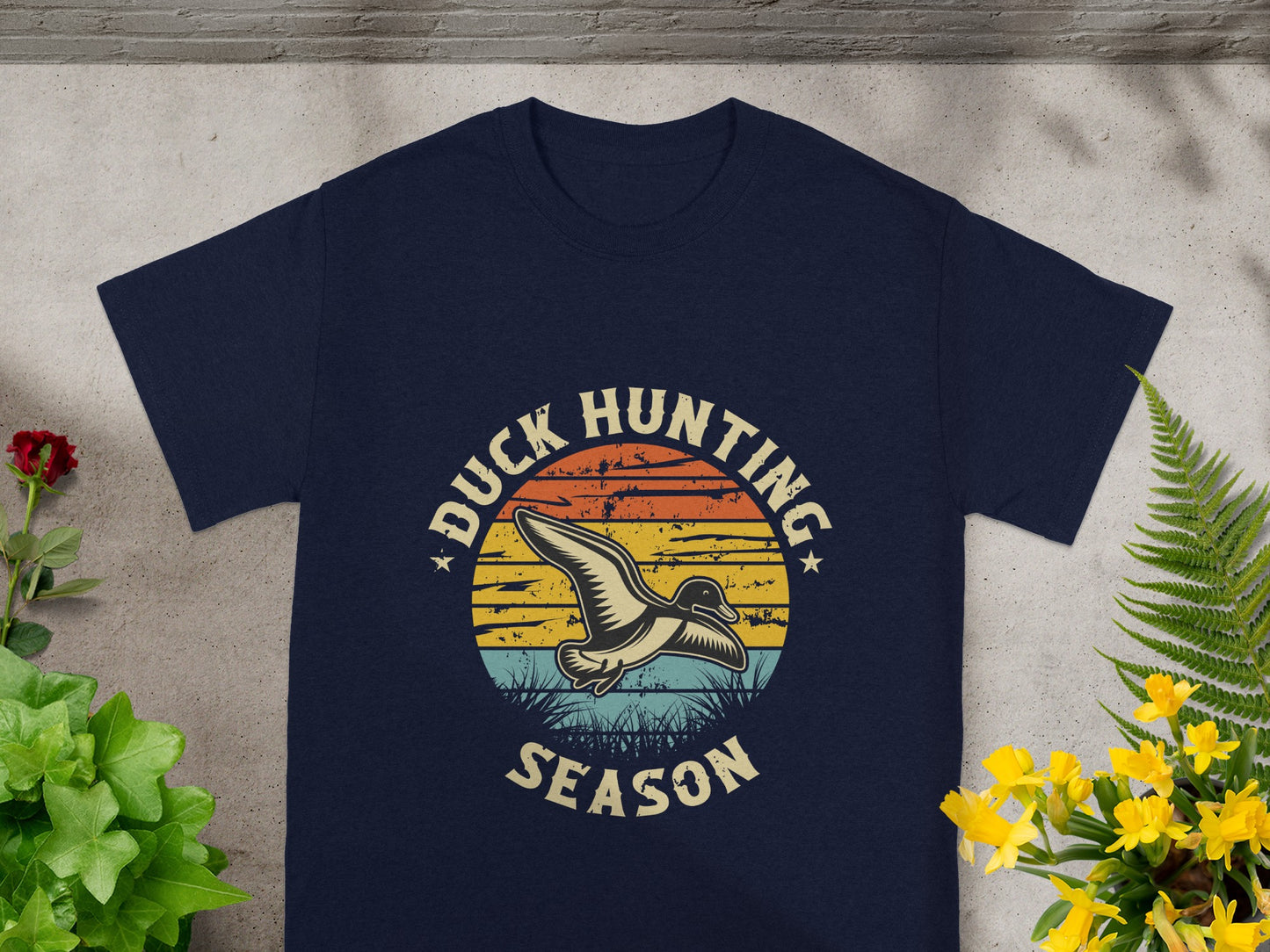 Navy t-shirt with "Duck Hunting Season" and a flying duck graphic.