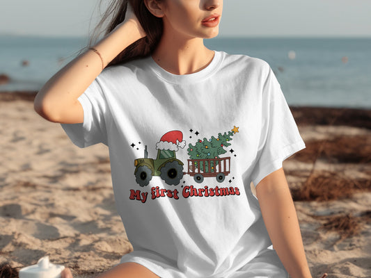 My First Christmas Tree Tractor Santa Baby Shirt
