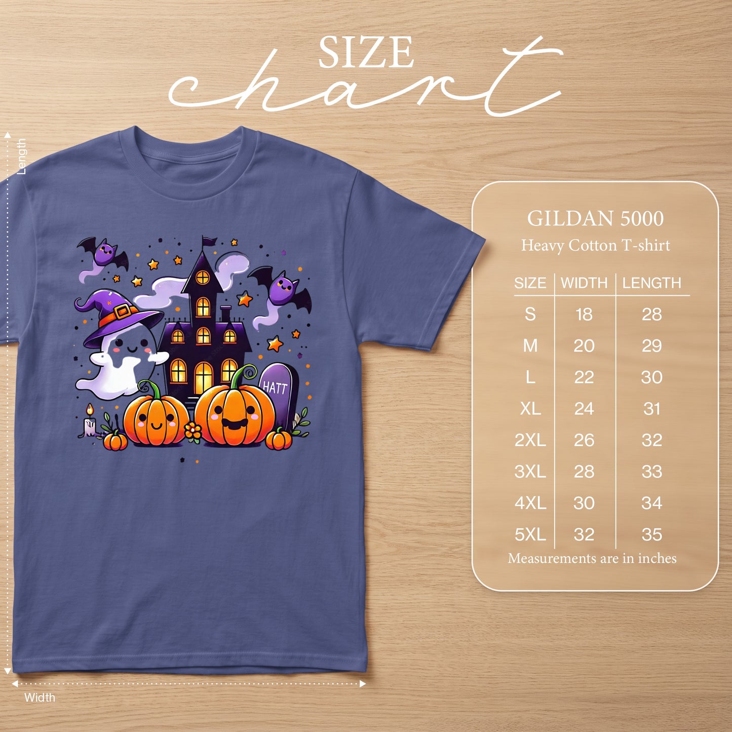 Gildan 5000 Heavy Cotton T-shirt size chart with Halloween graphic.