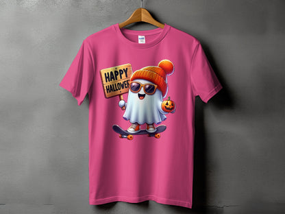 Pink t-shirt with a cartoon ghost holding a sign saying "HAPPY HALLOWEEN".