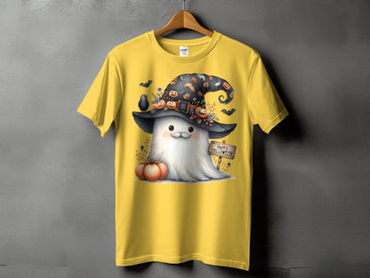 Yellow t-shirt with a cartoon ghost wearing a witch hat and a "Happy Halloween" sign.