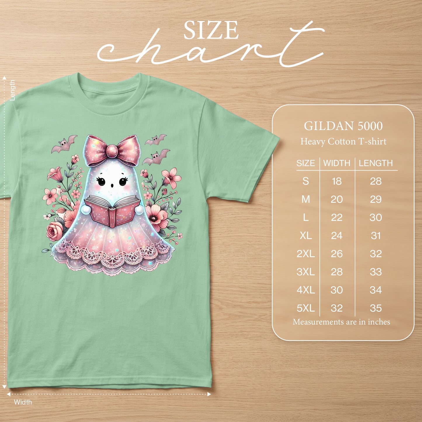 Green t-shirt with ghost reading a book and bats, GILDAN 5000 size chart.
