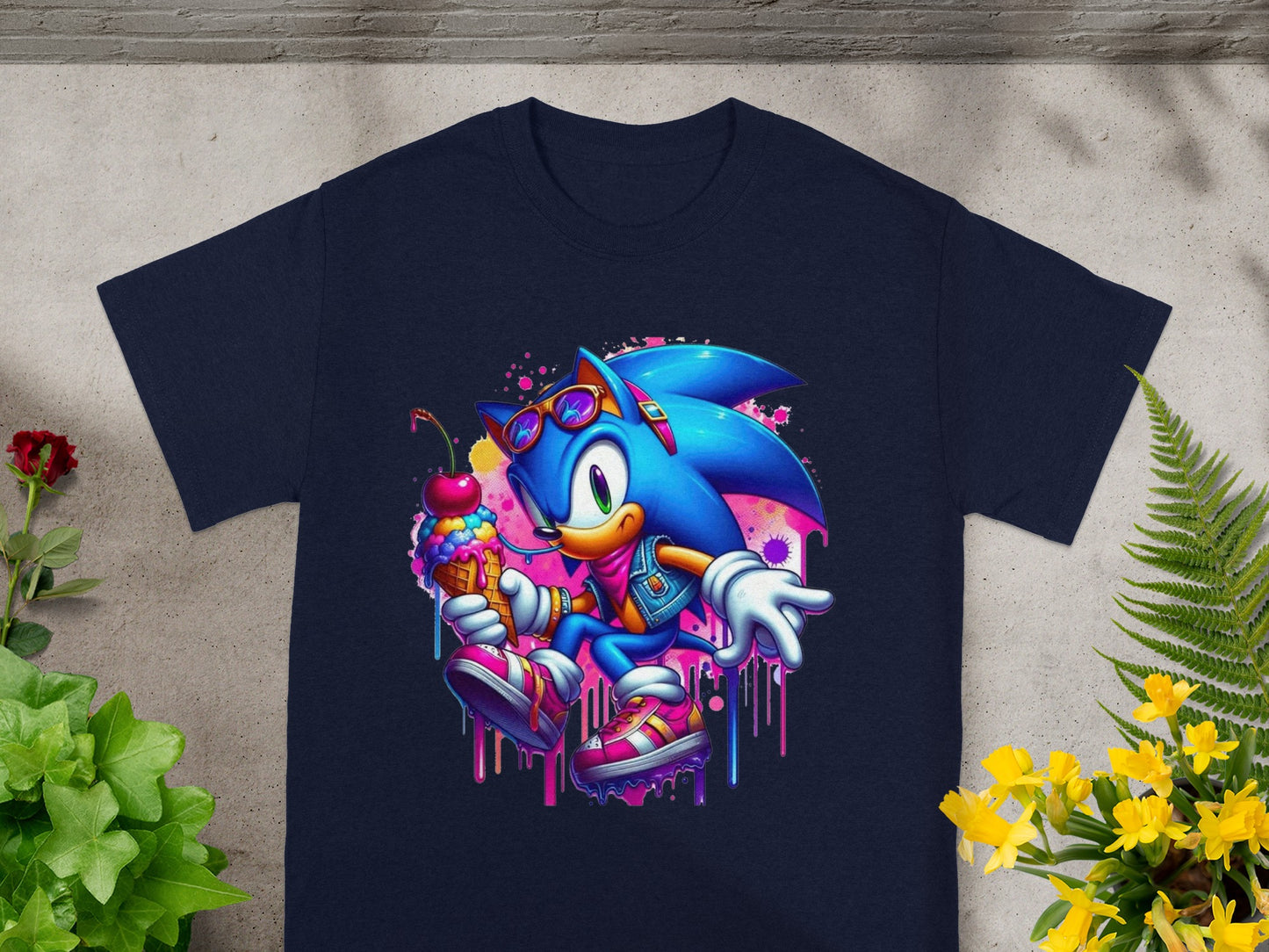 Sonic the Hedgehog character in colorful graphic print holding an ice cream cone.