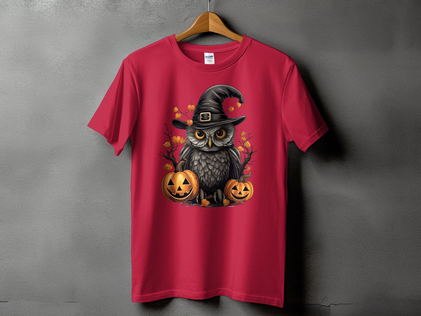 Red t-shirt with a Halloween owl and pumpkins graphic.