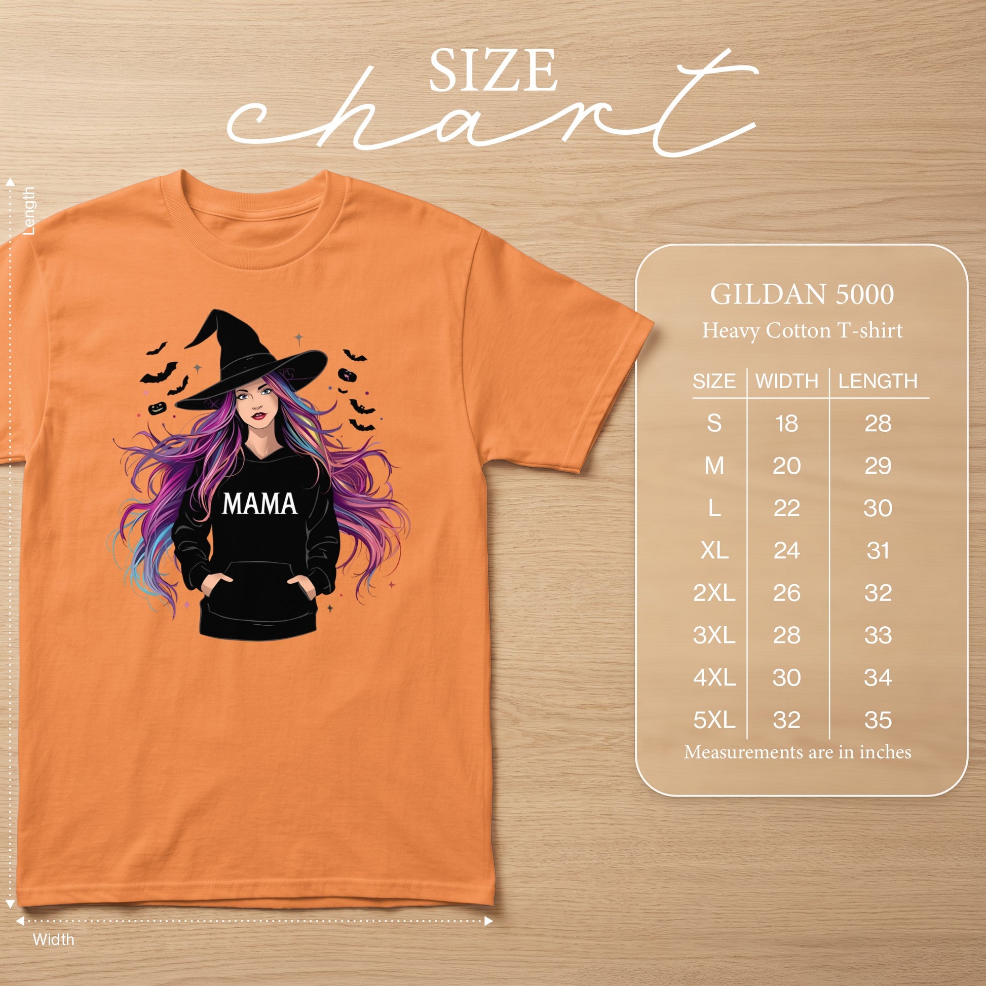 Orange t-shirt with witch graphic and size chart.
