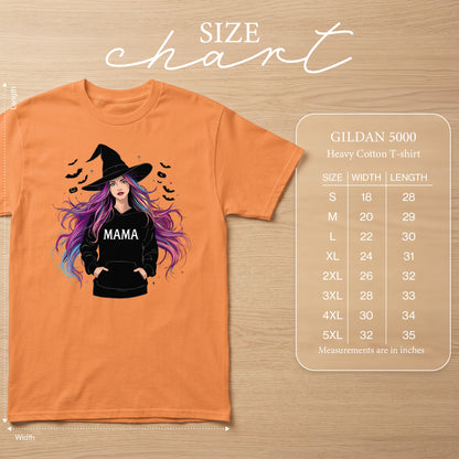 Orange t-shirt with witch graphic and size chart.