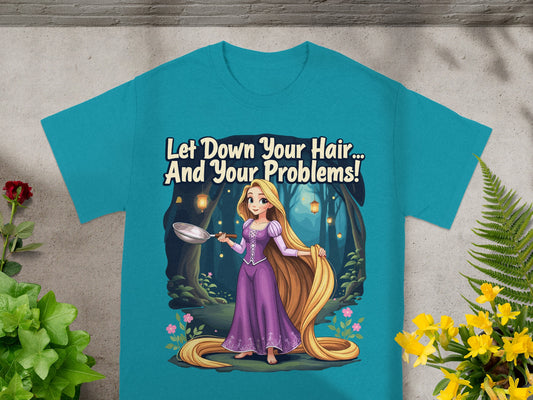 Rapunzel in purple dress with long blonde hair, holding a frying pan, with text "Let Down Your Hair... And Your Problems!".