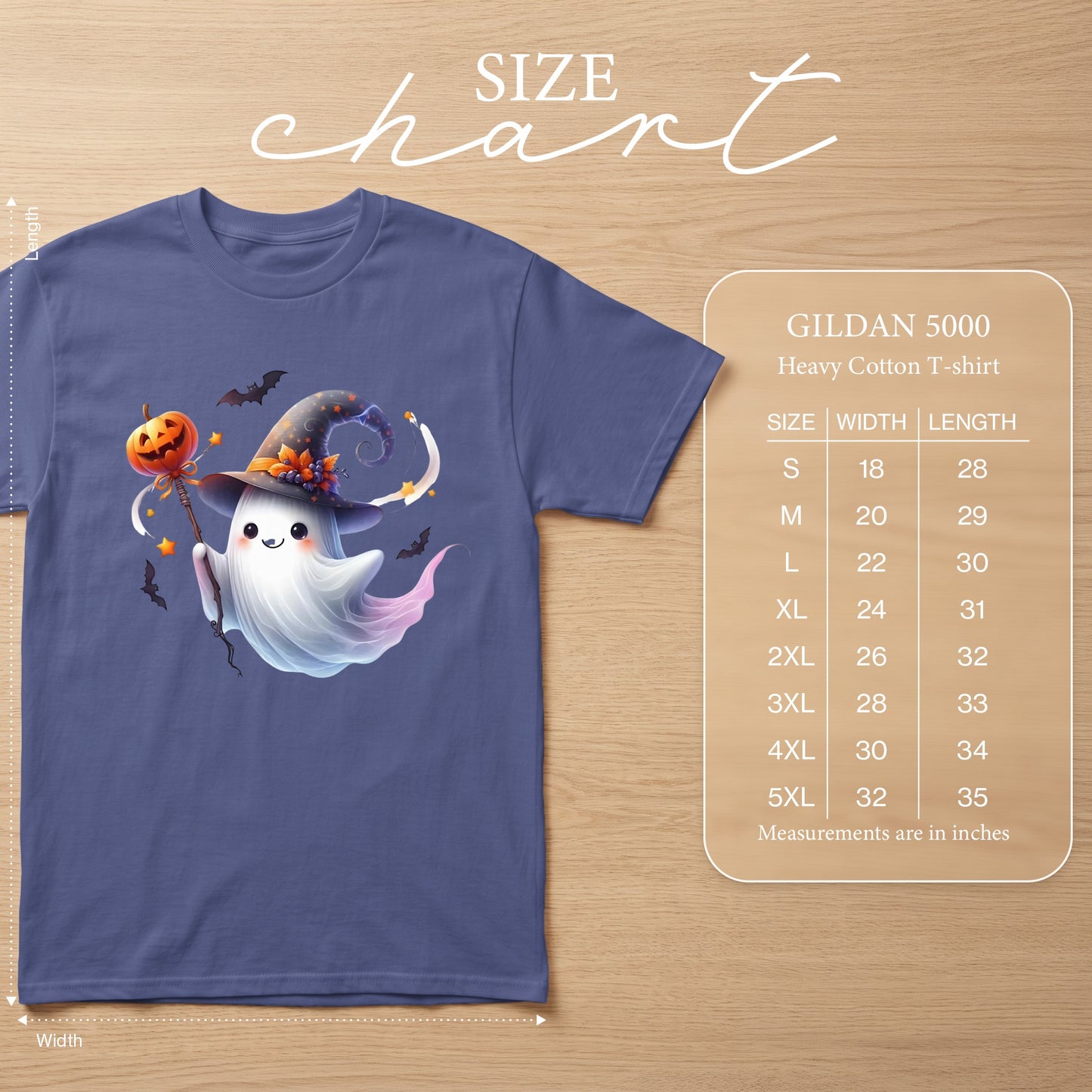 Gildan 5000 Heavy Cotton T-shirt with cute ghost graphic and size chart.