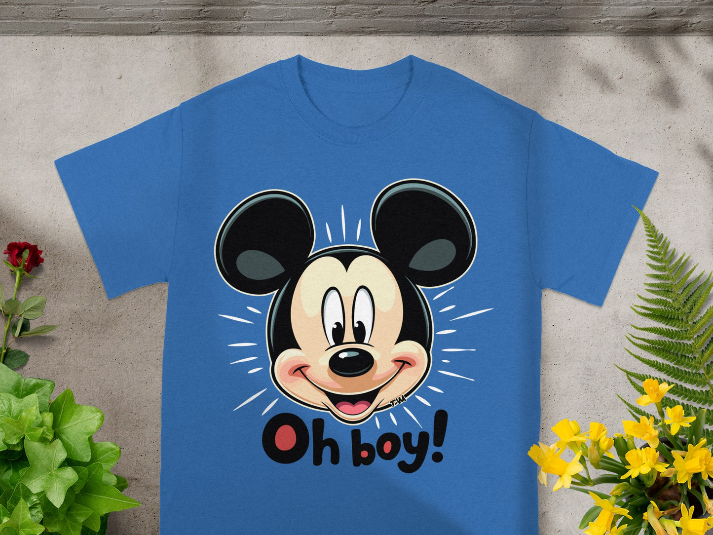 Blue t-shirt featuring Mickey Mouse head graphic with "Oh boy!" text below.