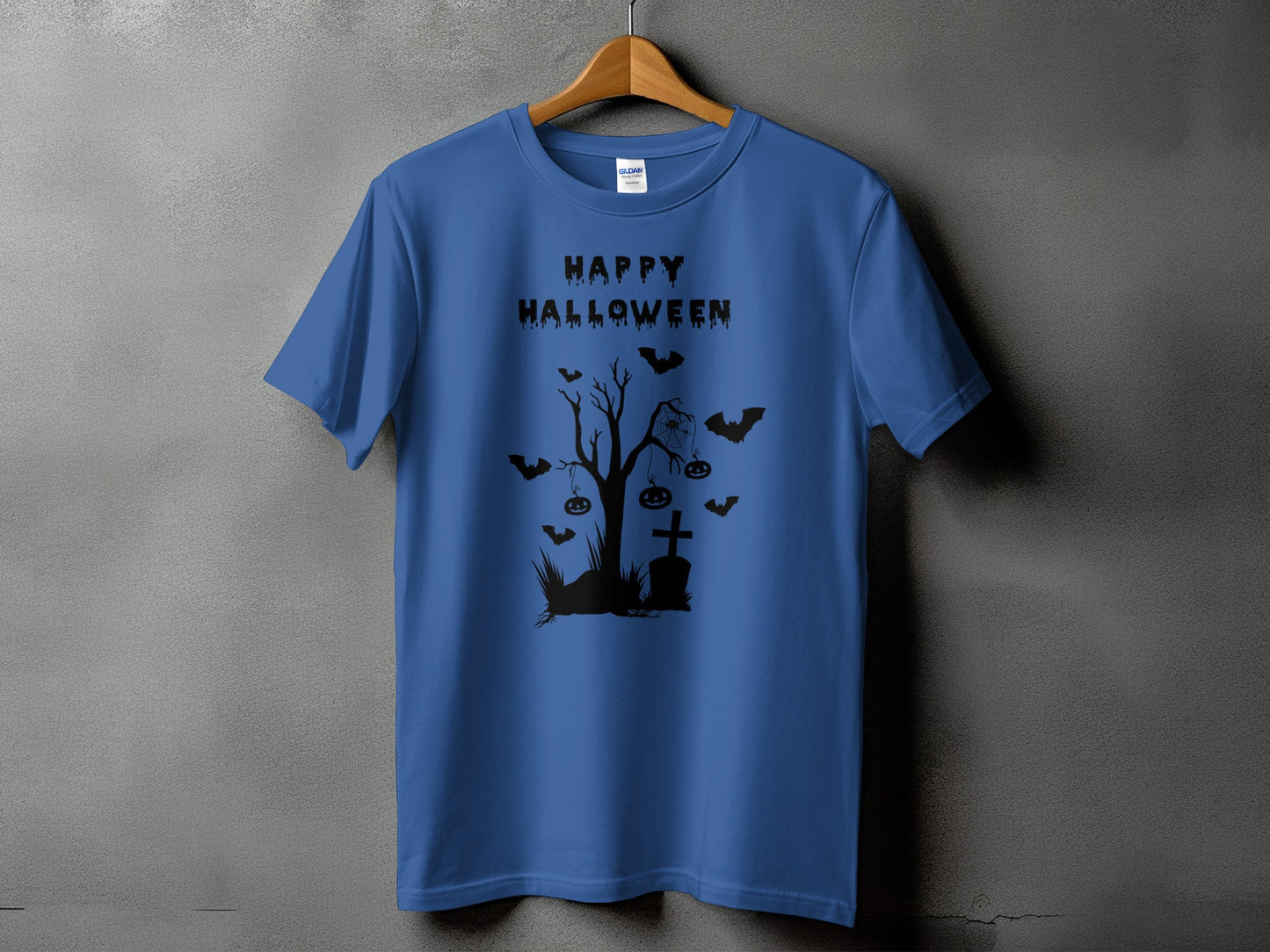 Blue t-shirt with black Halloween graphic featuring bats, pumpkins, and a tombstone.