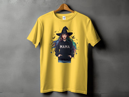 Yellow t-shirt with graphic of witchy woman and text "MAMA".