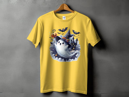 Yellow t-shirt with a cute ghost wearing a witch hat and Halloween scene graphic.