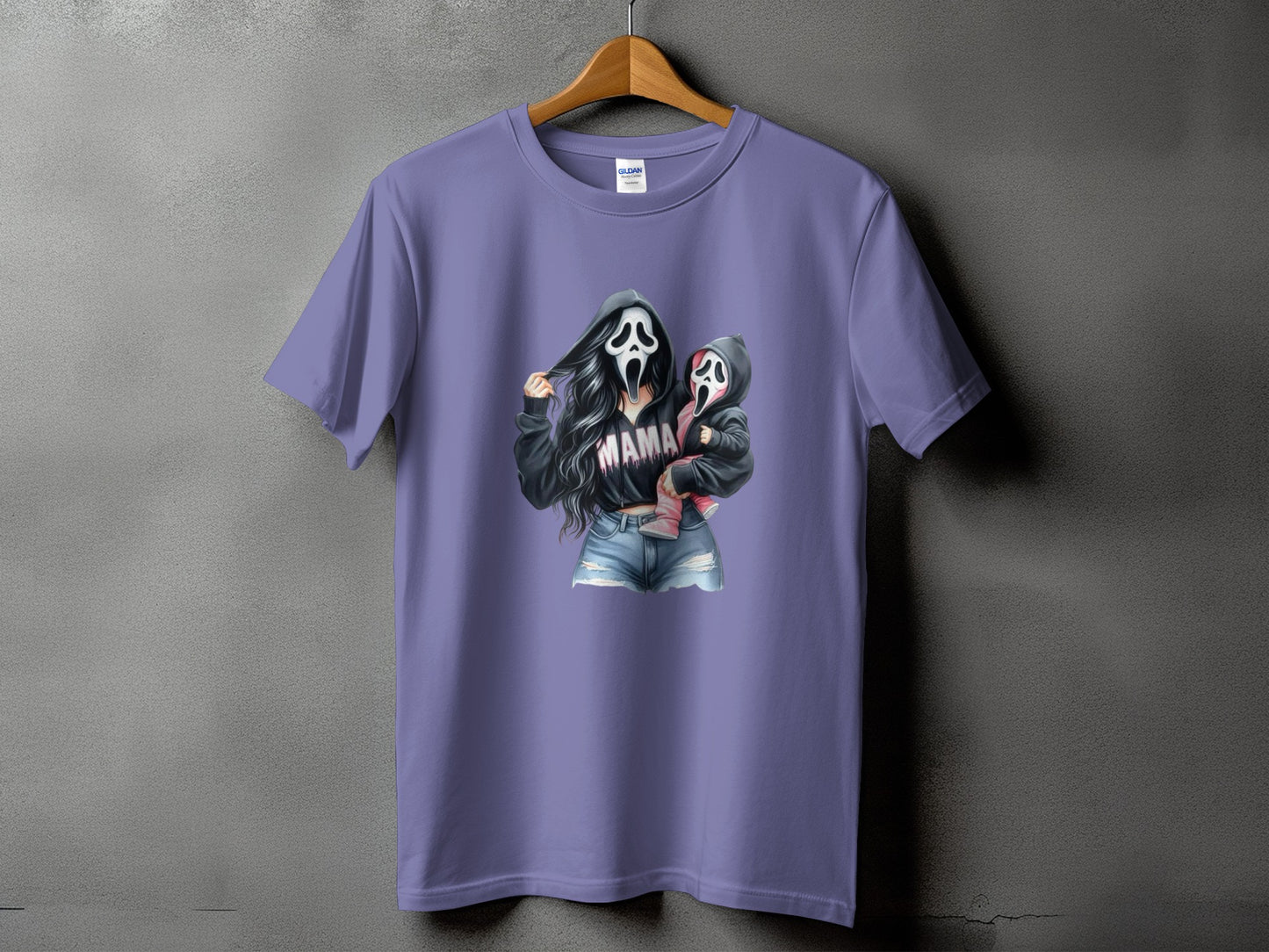 Purple t-shirt with graphic of woman and child in Scream masks, text "MAMA".