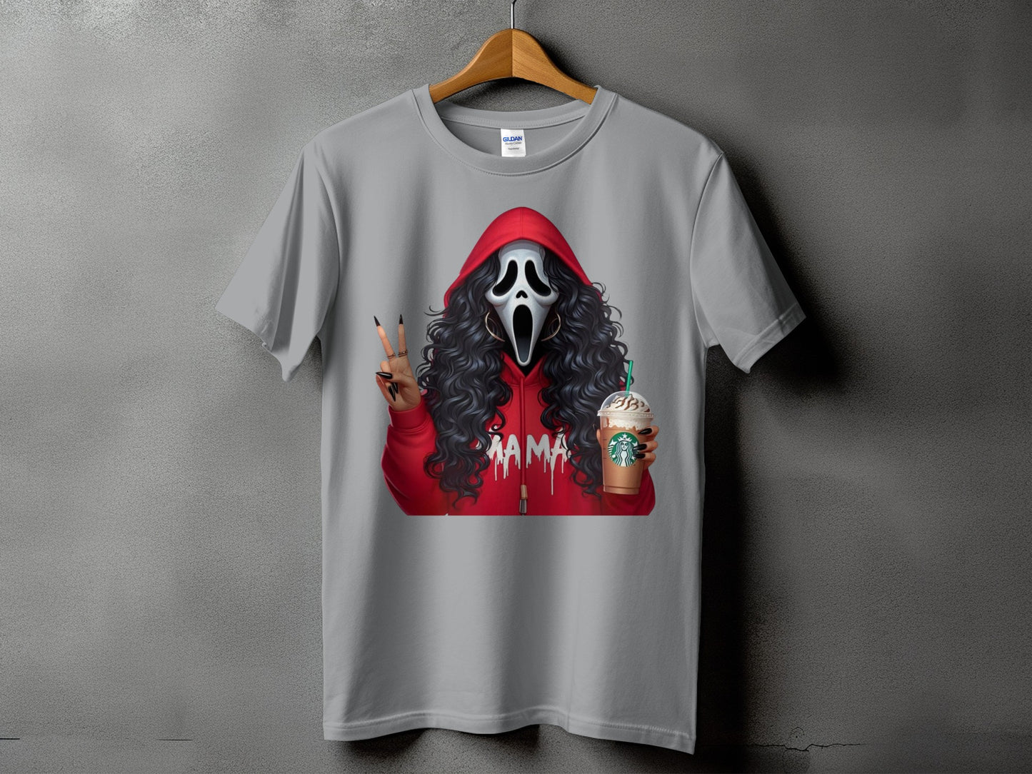 Ghostface with a Starbucks drink and "Mama" on a grey t-shirt.