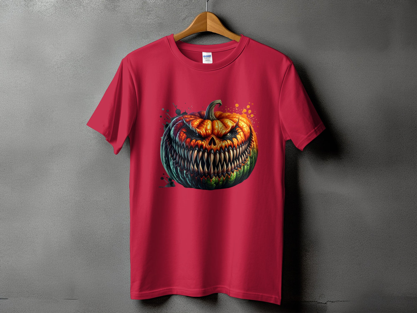 Red t-shirt featuring a detailed, menacing jack-o'-lantern with sharp teeth.