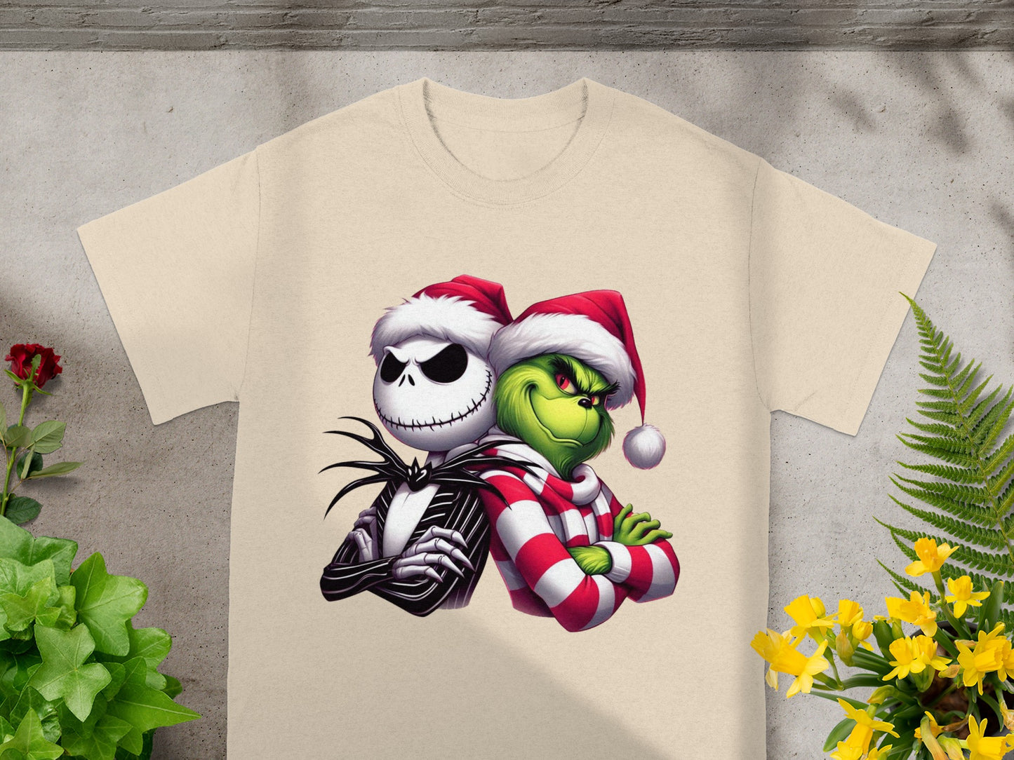 Jack Skellington and Grinch wearing Santa hats, both with arms crossed.