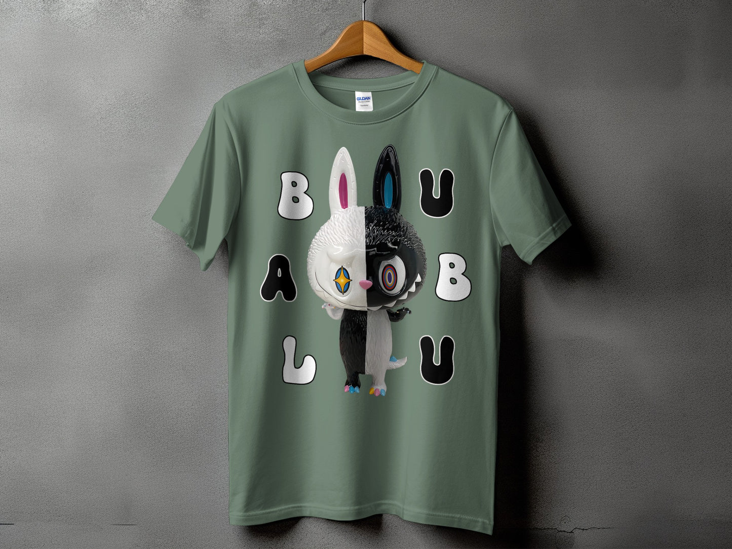 Green t-shirt with a half black, half white cartoon bunny figure and text.