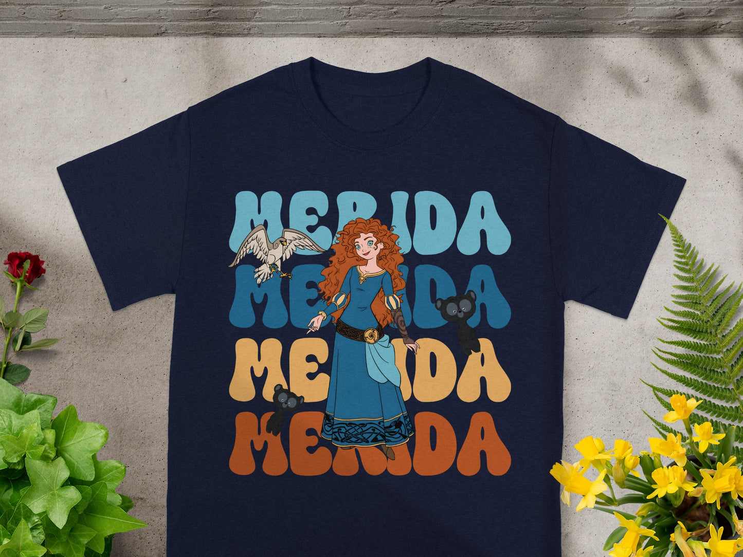 Merida with animals on navy t-shirt with retro text.