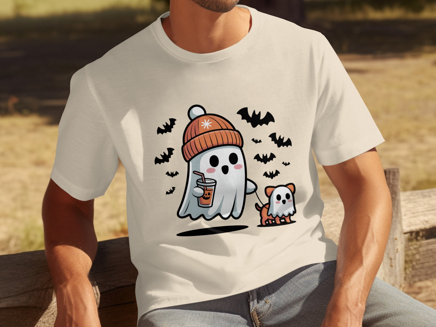 Halloween Ghost and Dog with Boba Tea T-shirt
