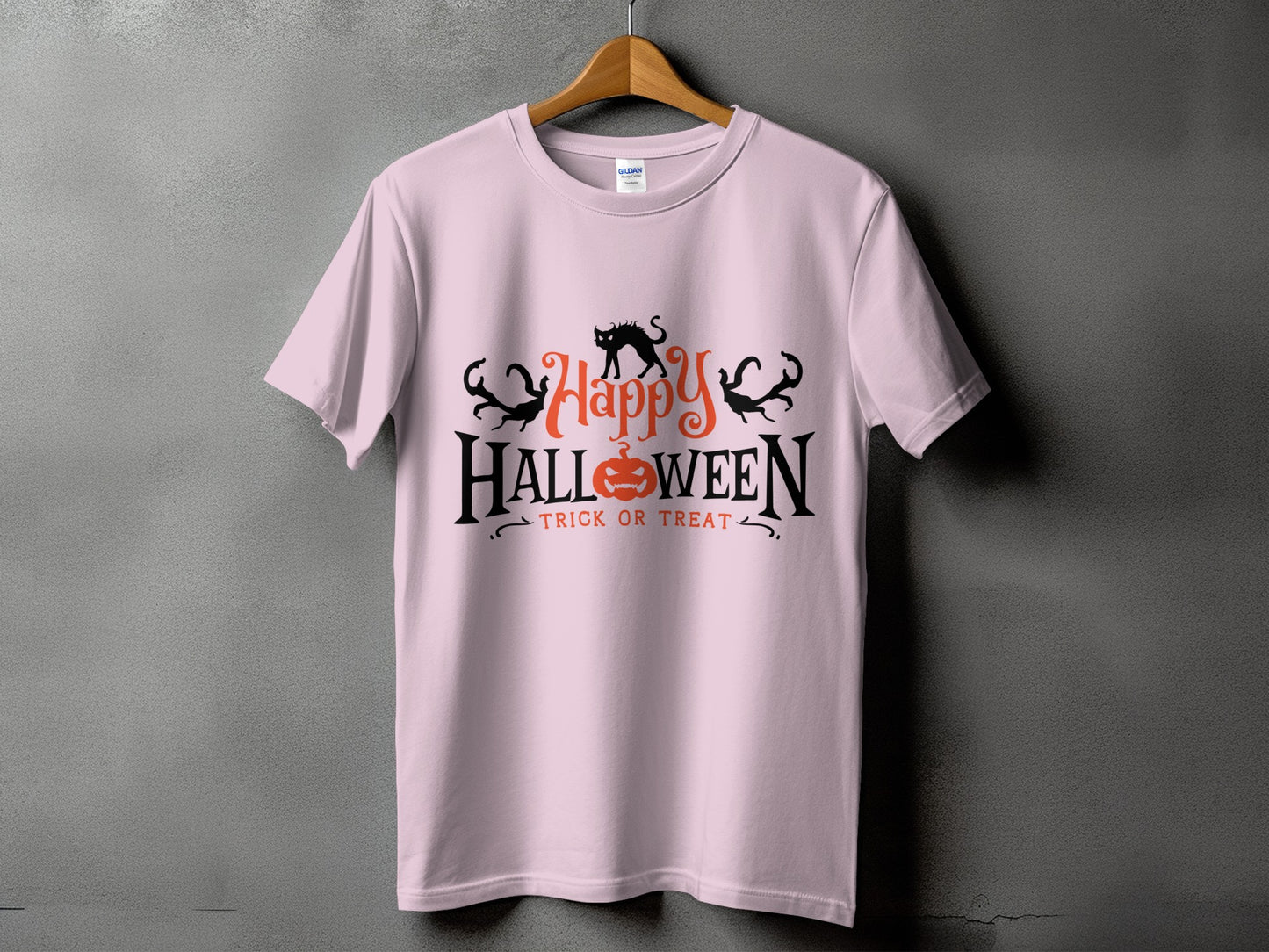 Light pink t-shirt with "Happy Halloween Trick or Treat" text and Halloween graphics.