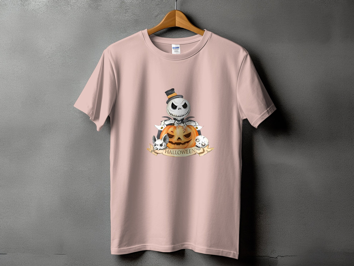 Pink t-shirt with Jack Skellington and Halloween pumpkin graphic.