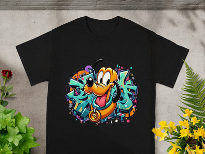Black t-shirt with colorful graffiti art featuring cartoon dog character Pluto.