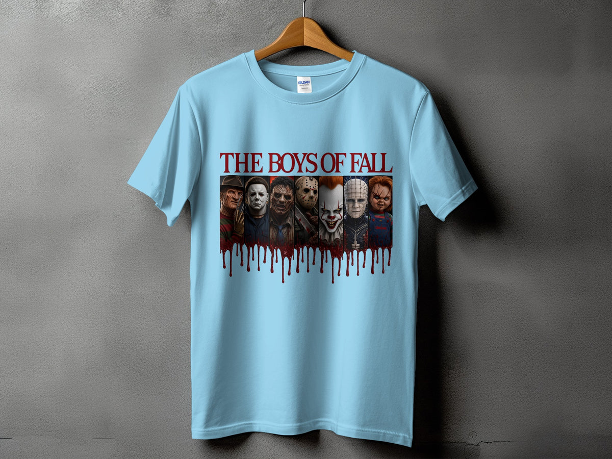 Light blue t-shirt with "THE BOYS OF FALL" and row of horror characters.