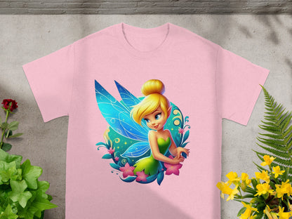 Pink t-shirt featuring Tinkerbell with blue wings surrounded by flowers.